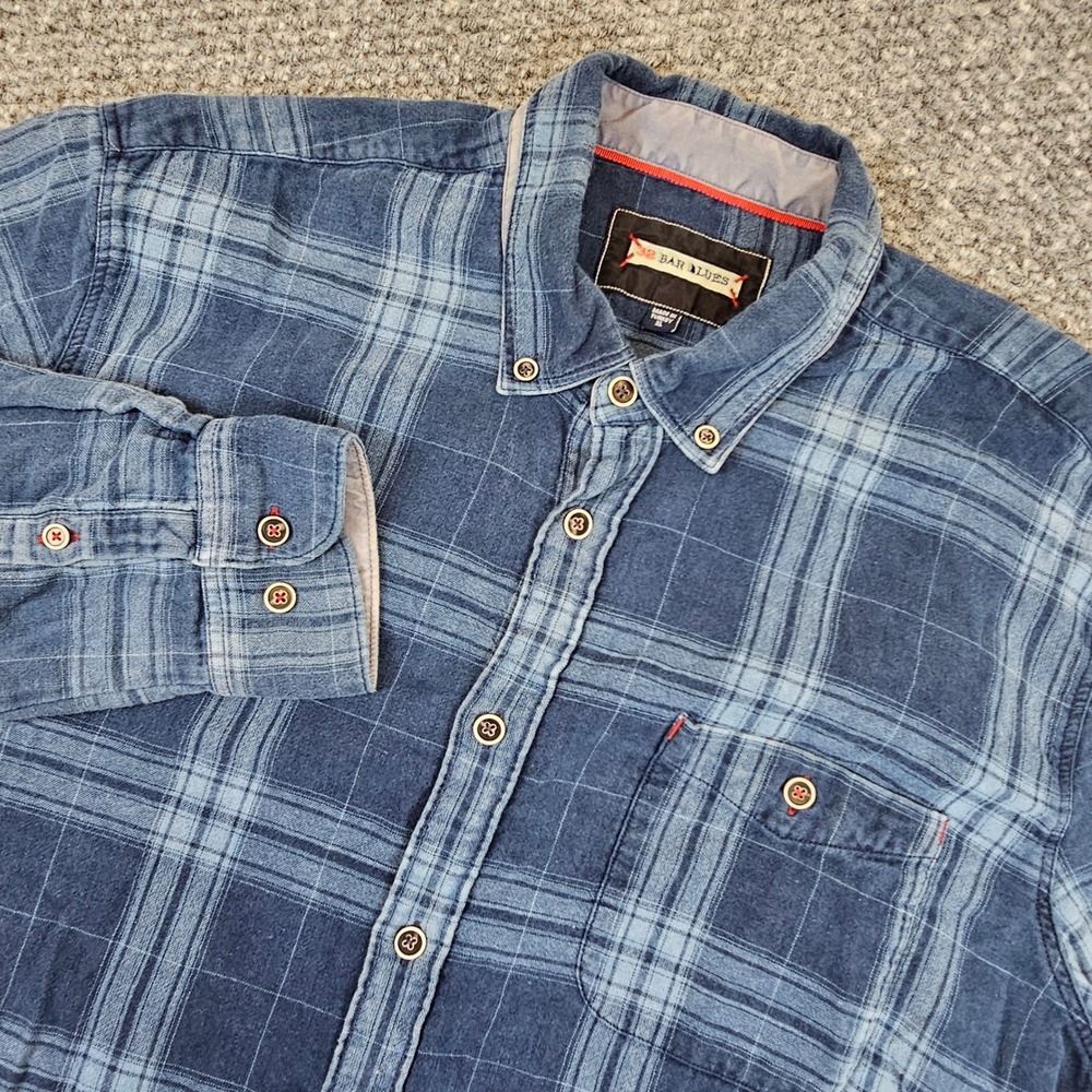 32 Bar Blues Mens XL Blue Plaid Long Sleeve Button Down Shirt Pocket Turkey
